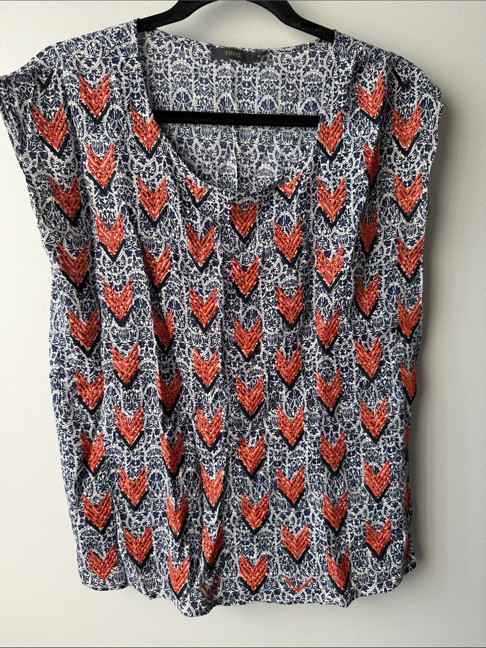 THML Navy and Coral - Black embroidered arrow Patterned Blouse Halloween fall